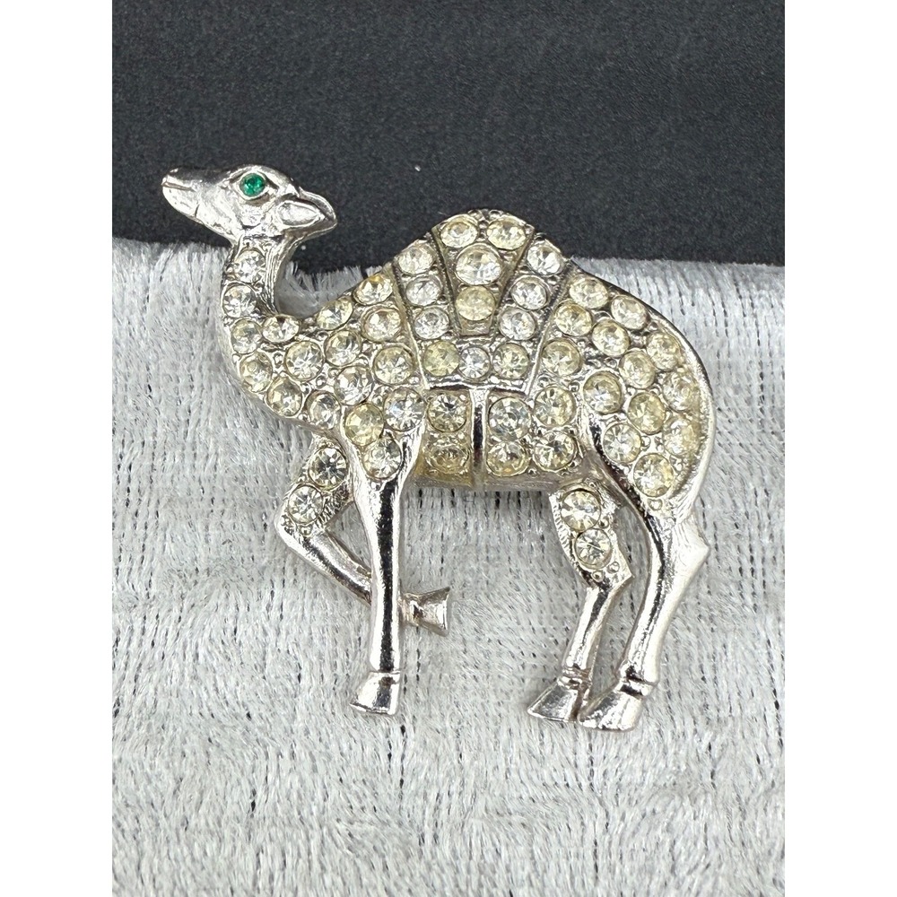 Vintage Rhinestone Brooch‎ Camel Signed ORA Silver Tone
